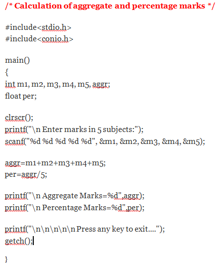 c program for calculation of aggregate and percentage marks c program for calculation of aggregate and percentage marks